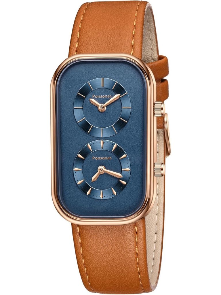 Stylish Dual Time Zone Mens Watch  Rectangle Rose Gold Blue Dial Leather